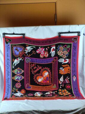 Bob Mackie Wearable Art Scarf Whimsical Folkart Poetic Phrases Hearts Angels Cat